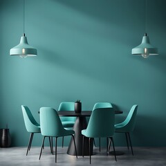 Meeting Area or Dining Room with Large Black Round Table and Teal Cyan Chairs. Empty Wall with Turquoise Azure Paint Color Accent. Modern Kitchen Interior for Home or Cafe. Art Mockup. 3D Render.