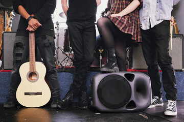 Band, people and feet for instrument in music studio with speaker, creativity and rehearsal for...