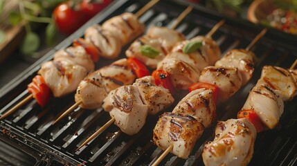 Marinated chicken breasts on skewers, prepared for grilling to perfection