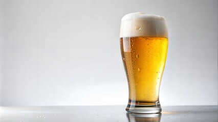 arafed glass of beer with foam and bubbles on a white background, surface with beer-texture, cold beer, beer, inside a beer glass, and copy space