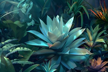 A blue flower is surrounded by green leaves and other plants. The image has a vibrant and lively atmosphere, with the blue flower standing out as the focal point. The lush green foliage
