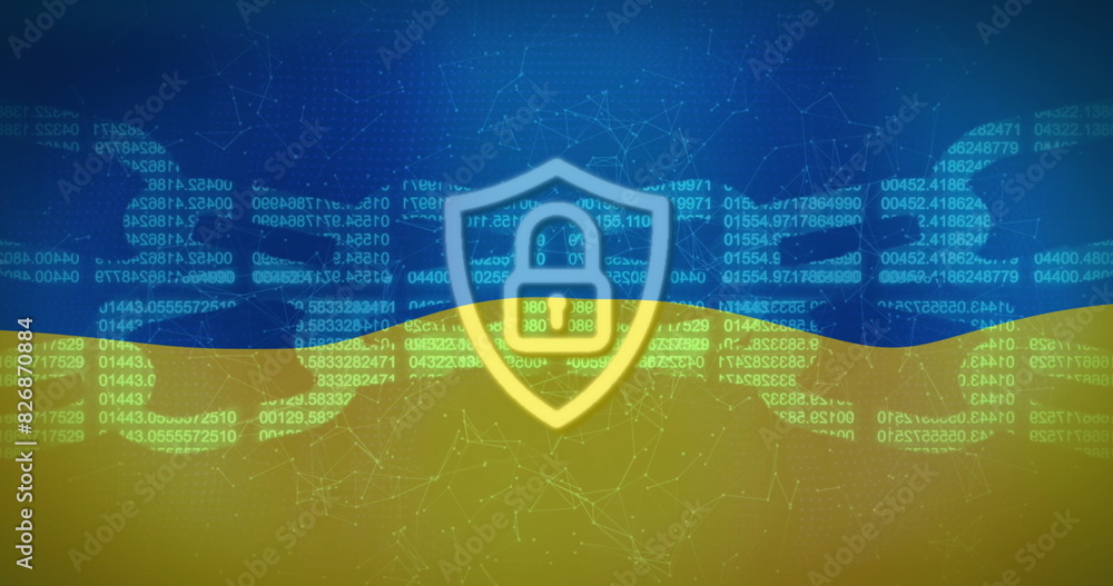 Poster digital shield and lock icons denote security amid binary codes and graphs
