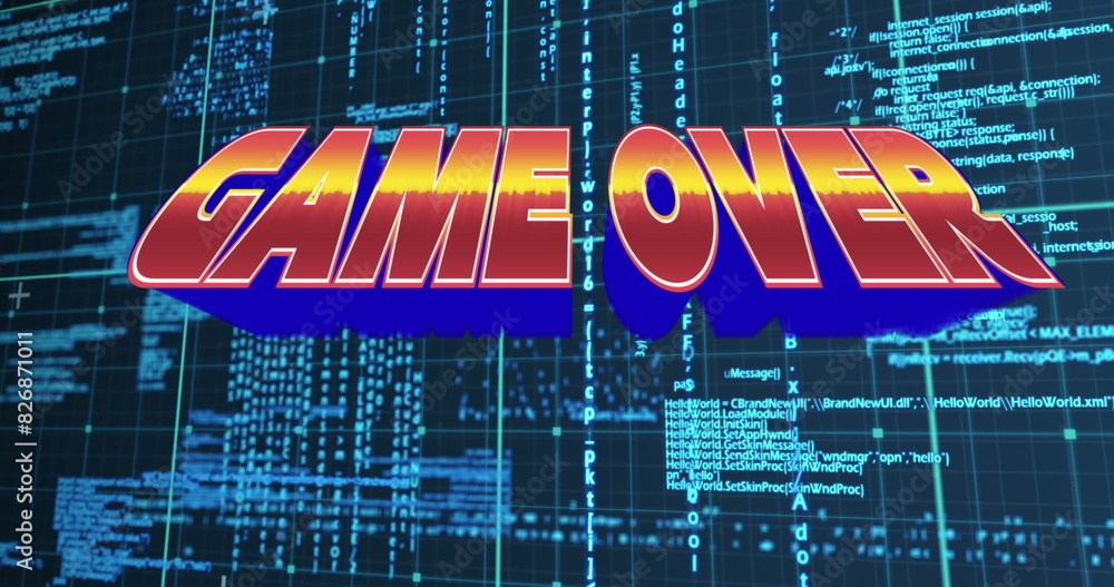 Poster bright red game over text appearing over blue digital code background