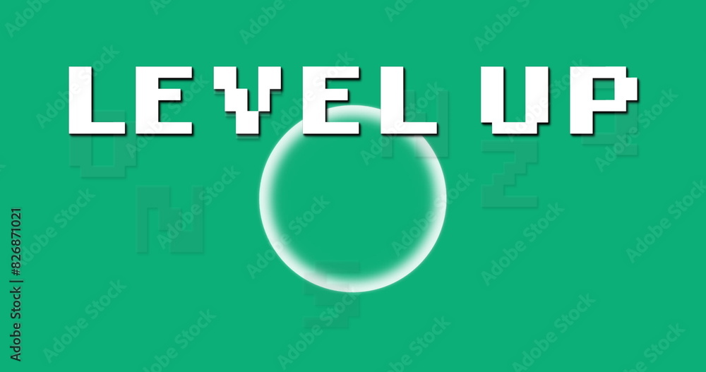 Poster white text reading level up appears above white sphere on a green background