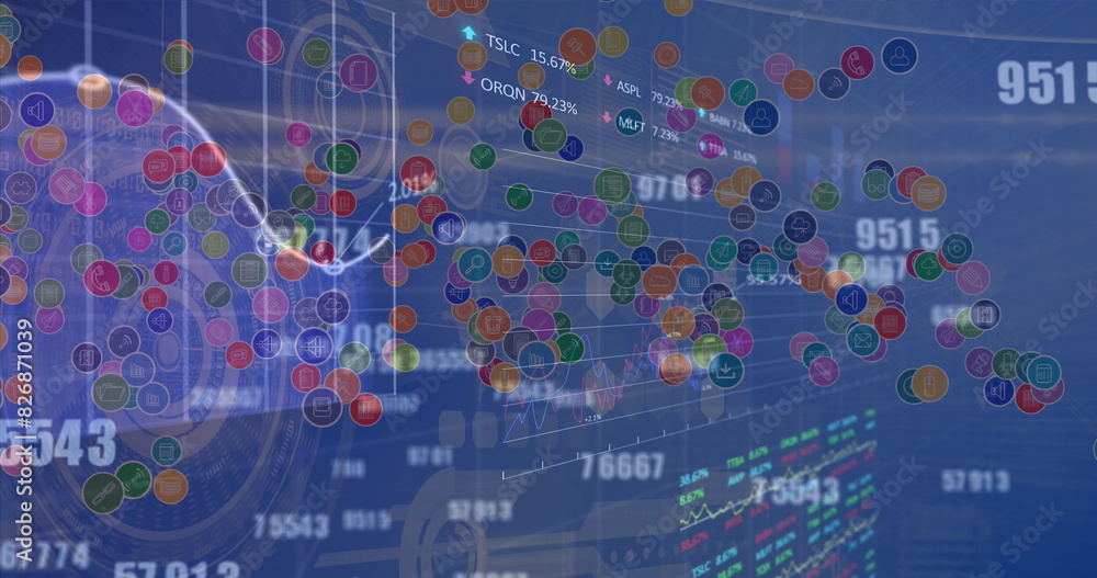 Poster colorful graphics overlaying stock market data are displaying on screen