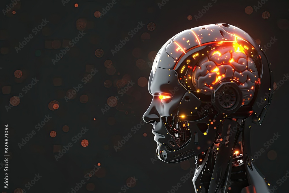Poster illustration of robot connection with glowing brain on black background