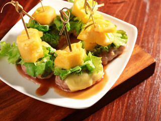 Barbecue food Grilled pork and cheese, pineapple on skewers