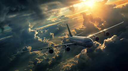 Airplane cruising through storm clouds at sunset.