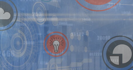 Digital graphics overlaying blue background, featuring icons like clouds and charts