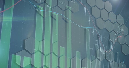 Financial data displaying on hexagonal background, showing rising and falling trends
