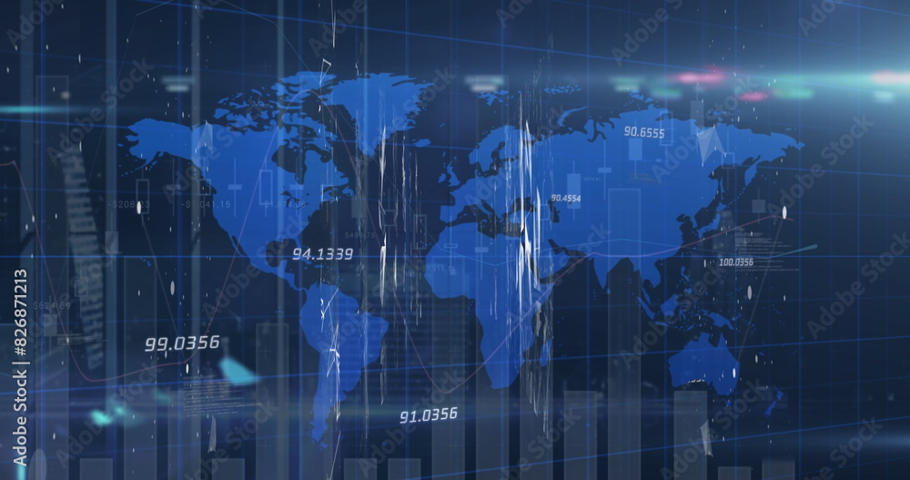 Aufkleber world map showing numerical data, glowing with blue background