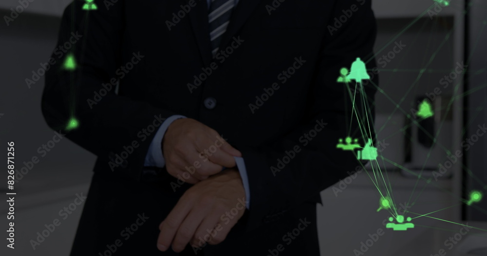 Sticker Caucasian businessman checking his watch, surrounded by network graphics