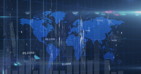 World map showing numerical data, glowing with blue background