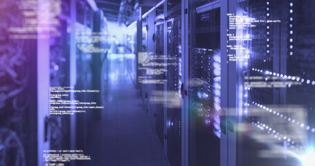 Rows of server racks glowing with blue and purple lights