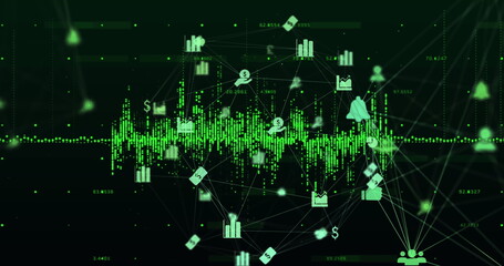 Fototapeta premium Numerous digital icons representing financial data are floating over green graph