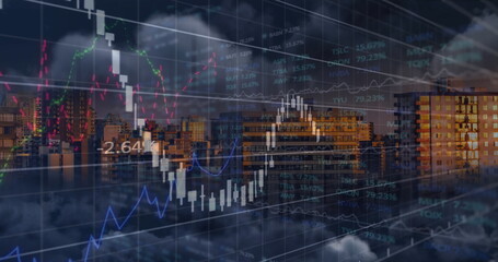 Stock market charts overlaying cityscape, glowing at night