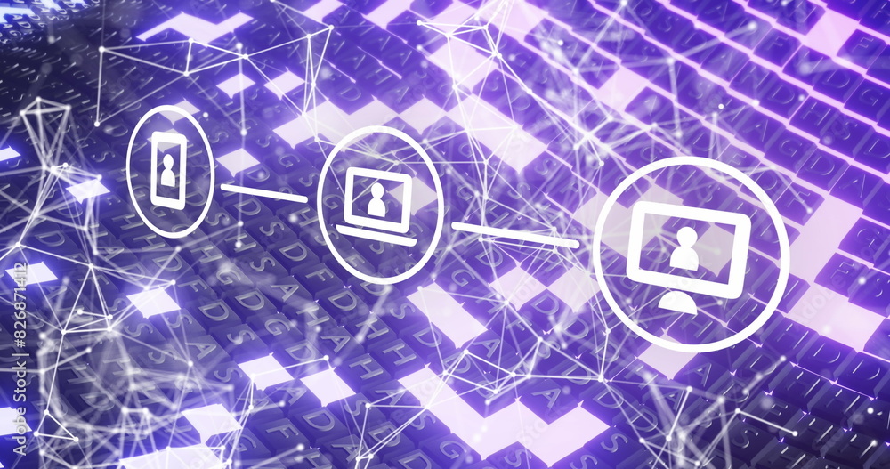 Poster image of digital icons, network of connections and binary coding on green background