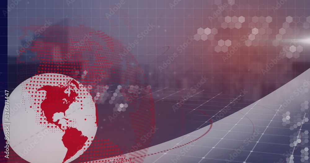 Poster multiple exposure of digitally generated earth with grid patterns rotating over hexagonal shapes