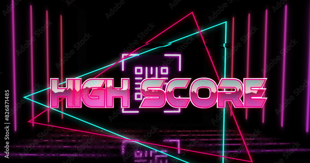 Poster image of high score text over qr code on black background