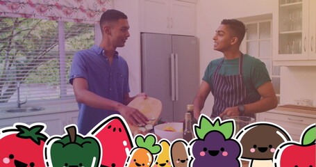 Two biracial men cooking together, one cutting vegetables