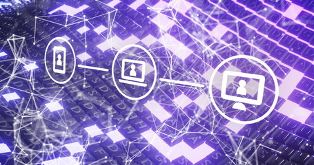 Image of digital icons, network of connections and binary coding on green background