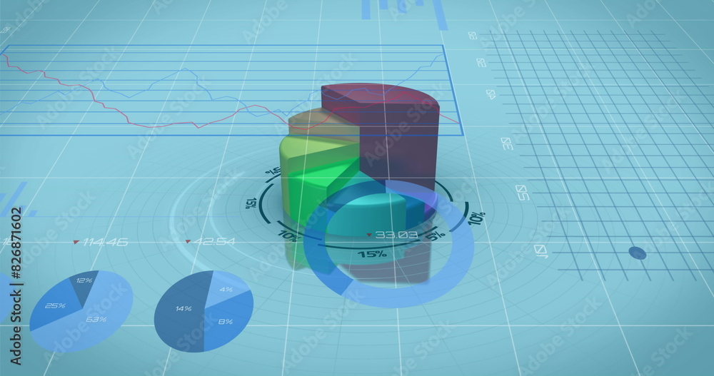 Poster image of financial data processing over financial graphs on blue background