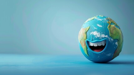 Fototapeta premium Earth character laughting on blue background, Happy Earth day, World laughter day.