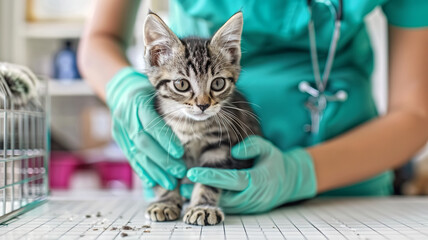 A close-up of a veterinarian examining of the kitten head while wearing medical gloves.