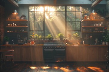 Sunlit kitchen with large windows, greenery, and cozy ambiance, perfect for cooking and relaxation