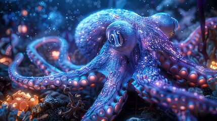 squidlike alien with bioluminescent tentacles on an oceanic planet with coral reefs and glowing marine life