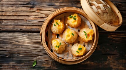 Chinese Cuisine Steamed Dim Sum in Bamboo Container