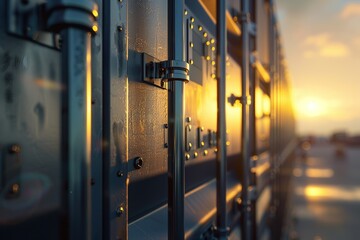 Close-up of secure locking mechanisms on cargo containers at sunset