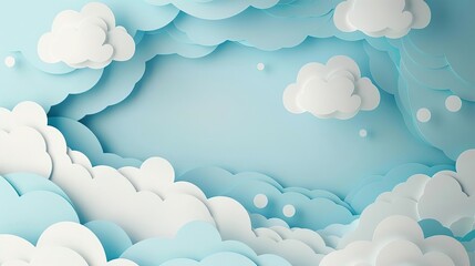Create a 3D illustration of a blue sky with white clouds. The clouds should be in different shapes and sizes, and appear to be floating in the sky. The sky light blue color, and the clouds white.
