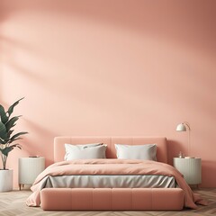 Bedroom in Pastel Peach Fuzz Color Trend 2024 with Panton Furniture. Modern Luxury Room Interior Design. Empty Wall for Art, Wallpaper, or Pictures. 3D Render.
