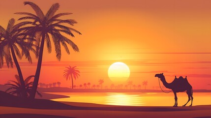 arabesque web horizontal banner, camel and palm tree silhouette, beautiful sunlight, sunset, sunrise, islamic background template illustration vector
