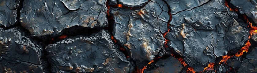 A cracked and weathered rock surface covered in layers of lava