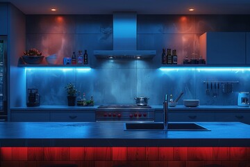 Modern Sleek Kitchen Design with Ambient Lighting and Stainless Steel Appliances