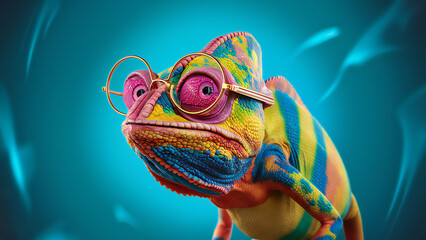 Vibrant Chameleon on Turquoise Background: Colorful Reptile Portrait