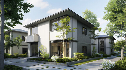 閑静な住宅地に建つ２階建て住宅の外観パース｜日本の住宅｜建築パース