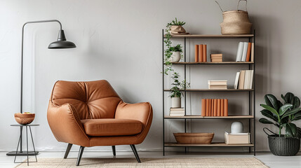 chilled minimalist modern brown leather chair, modern living room, neutral colors interior design