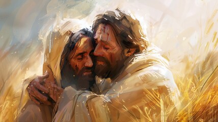 Illustrate a touching cartoon scene portraying Jesus tenderly embracing a leper with expressions of mutual respect and kindness. Using pastel colors and gentle lines, convey a sense of comfort 