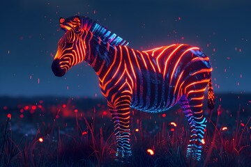A zebra is lit up in neon colors and standing in a field of grass. The image has a surreal and dreamlike quality to it, as if the zebra has been transformed into a glowing, otherworldly creature