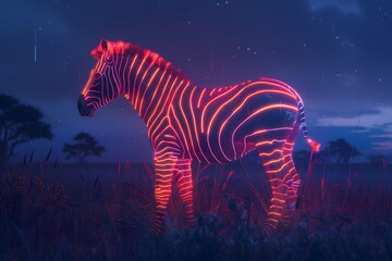 A zebra is lit up in neon colors and standing in a field. The image has a surreal and dreamlike quality to it, as if the zebra is a part of a larger, more fantastical world