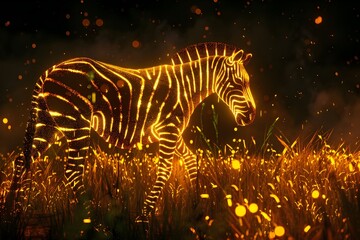 A zebra is walking through a field of yellow grass. The zebra is lit up with bright colors, creating a surreal and dreamlike atmosphere. Concept of wonder and magic