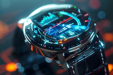 A watch with a digital screen showing a graph of a heart rate. The watch is black and has a black band