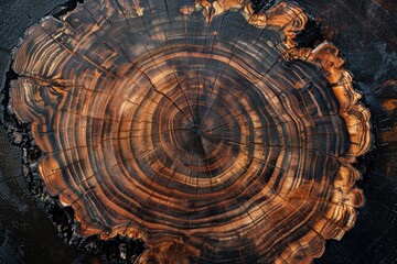 Old wooden oak tree cut surface. Detailed warm dark brown and orange tones of a felled tree trunk or stump. Rough organic texture of tree rings with close up of end grain - generative ai