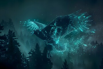 A glowing blue bird is flying through a forest. The image has a dreamy, ethereal quality to it, with the bird appearing almost otherworldly. The forest setting adds to the sense of mystery and wonder
