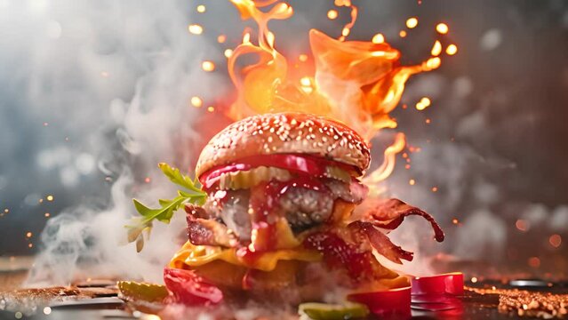 Exploding Cheeseburger with Bacon and Sauce with Ai generated.
