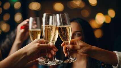 Friends celebrating Christmas or New Year eve party with Bengal lights and champagne, Friends raise glasses of champagne at a party, Celebration concept,