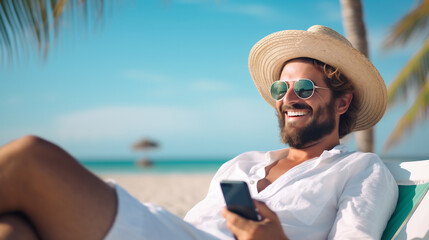 Smiling man in a straw hat and sunglasses using his smartphone at the beach, enjoying a sunny day and relaxing by the ocean